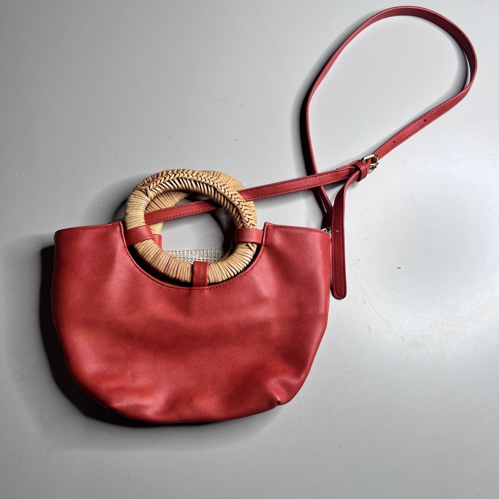 Anthropologie Red Vegan Leather Rattan Ring Handle Crossbody Bag Handbag